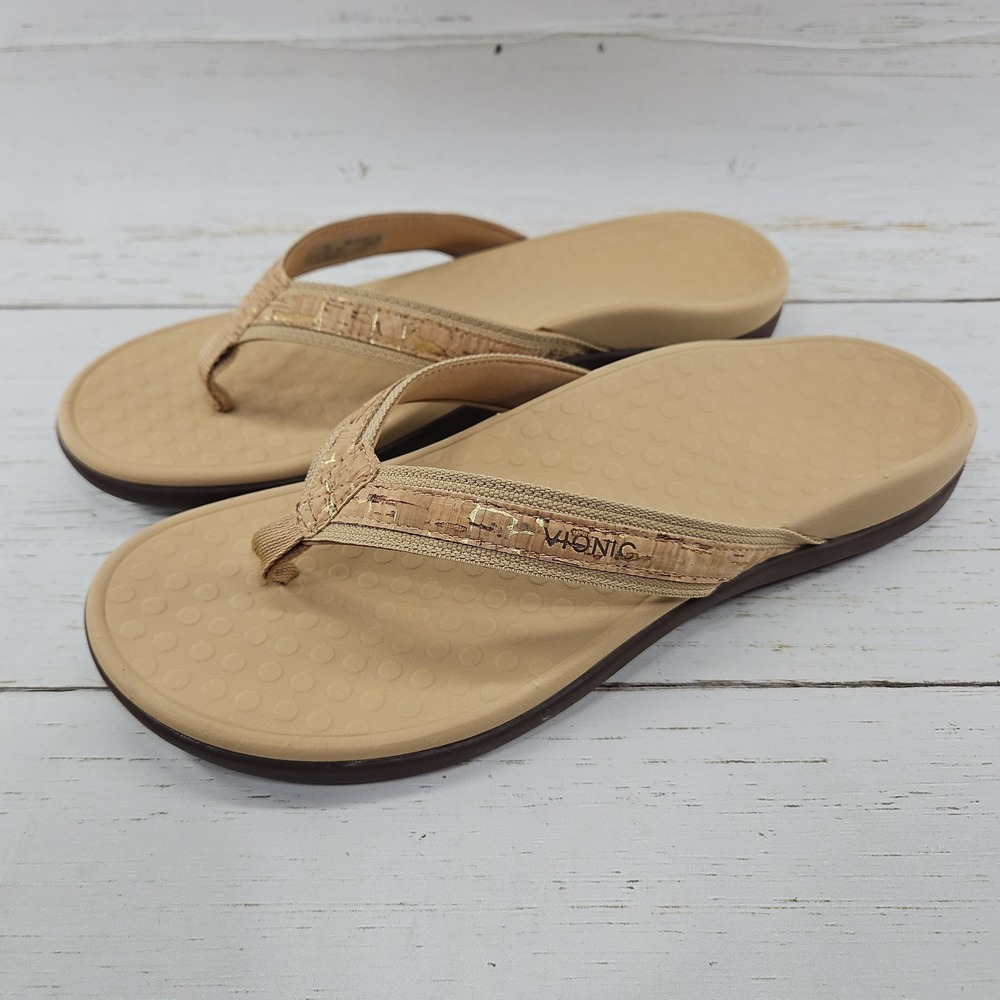 Vionic Tide II Gold‎ Cork Womens 10 Tan Woven Orthotic Leather Sandals Toe Post